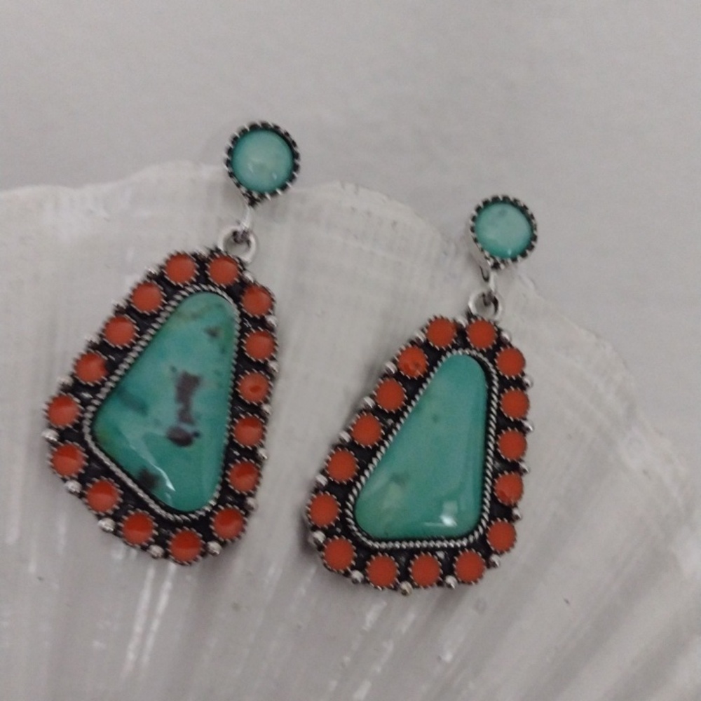 Turquoise and Coral Faux Stone Gorgeous Drop Earrings - Picture 7 of 8